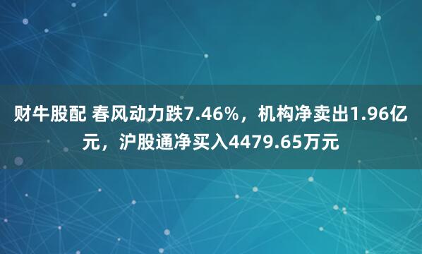 财牛股配 春风动力跌7.46%，机构净卖出1.96亿元，沪股通净买入4479.65万元